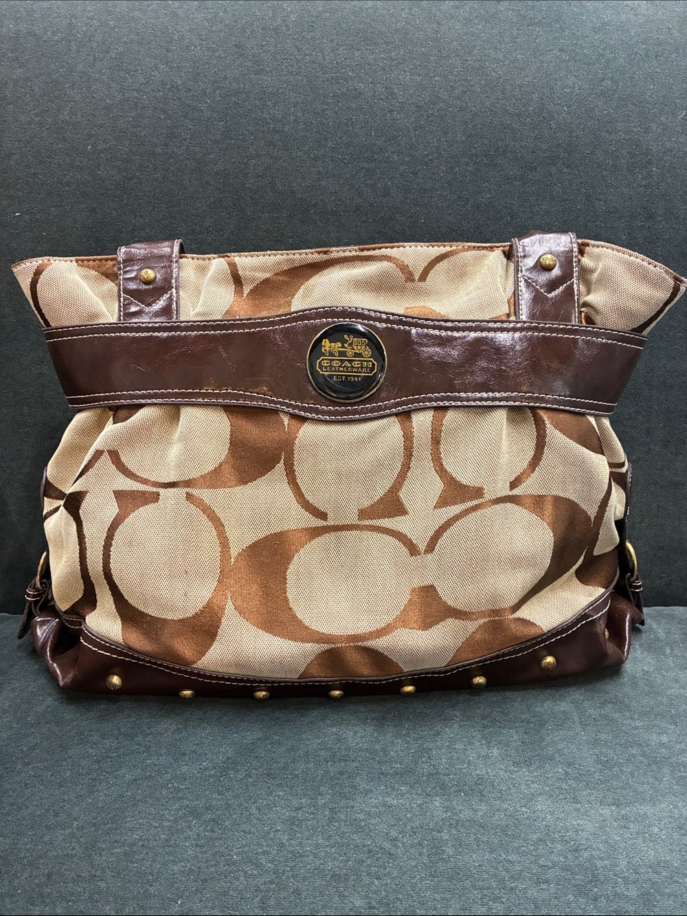 Coach Brown Signature Canvas Tote with Leather Trim